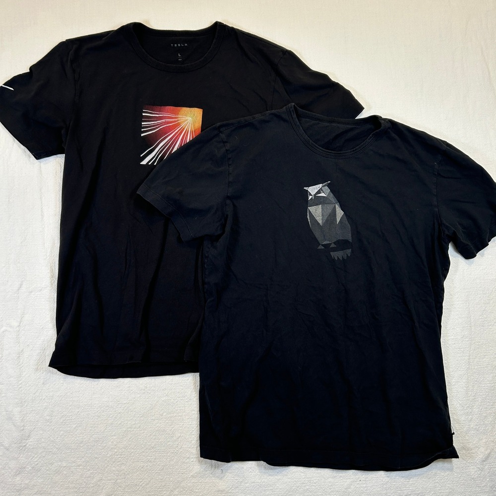 Tesla Launch Series Graphic Tee and Geometric Owl T-Shirt Lot of 2 Black Mens L